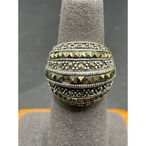 Vintage CFJ Thai 925 Sterling Silver Marcasite Dome Wide Band Ring Sz 6